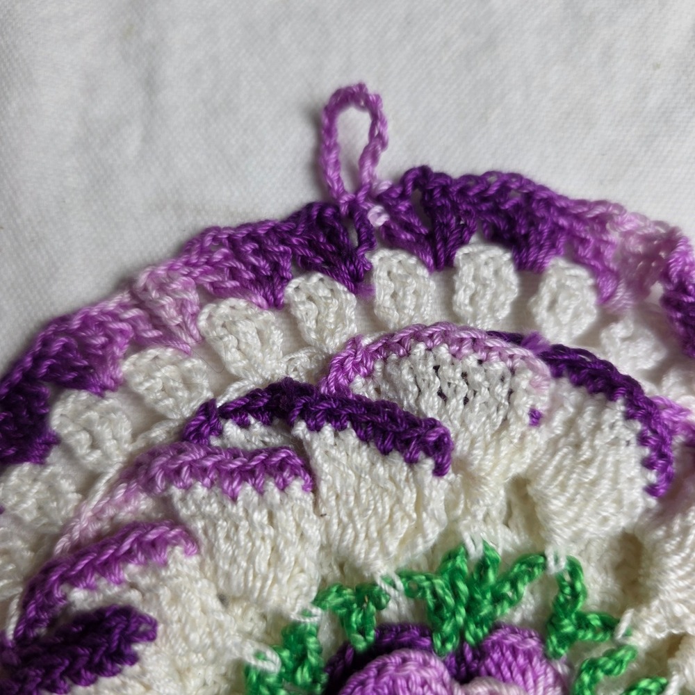 Handmade Crochet Potholders Set of 2 Purple White Floral Rose Pinwheel Hot Pads - Picture 5 of 6